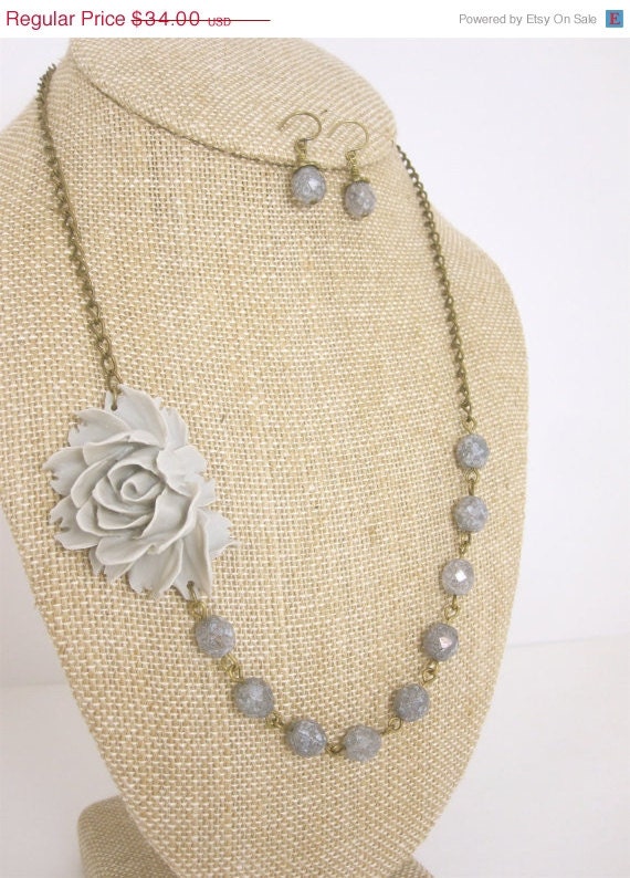 SALE Grey Necklace Gray Necklace Flower Necklace Gray Jewelry Grey Jewelry Wedding Jewelry Bridal Jewelry