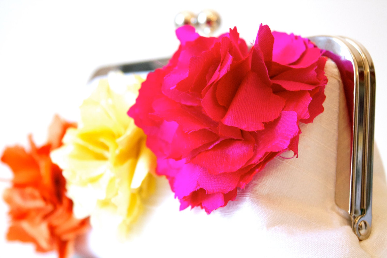 Peony Flower Wedding Clutch in Fuschia Hot Pink, Daffodil Yellow, and Creamsicle Orange- Made to Order