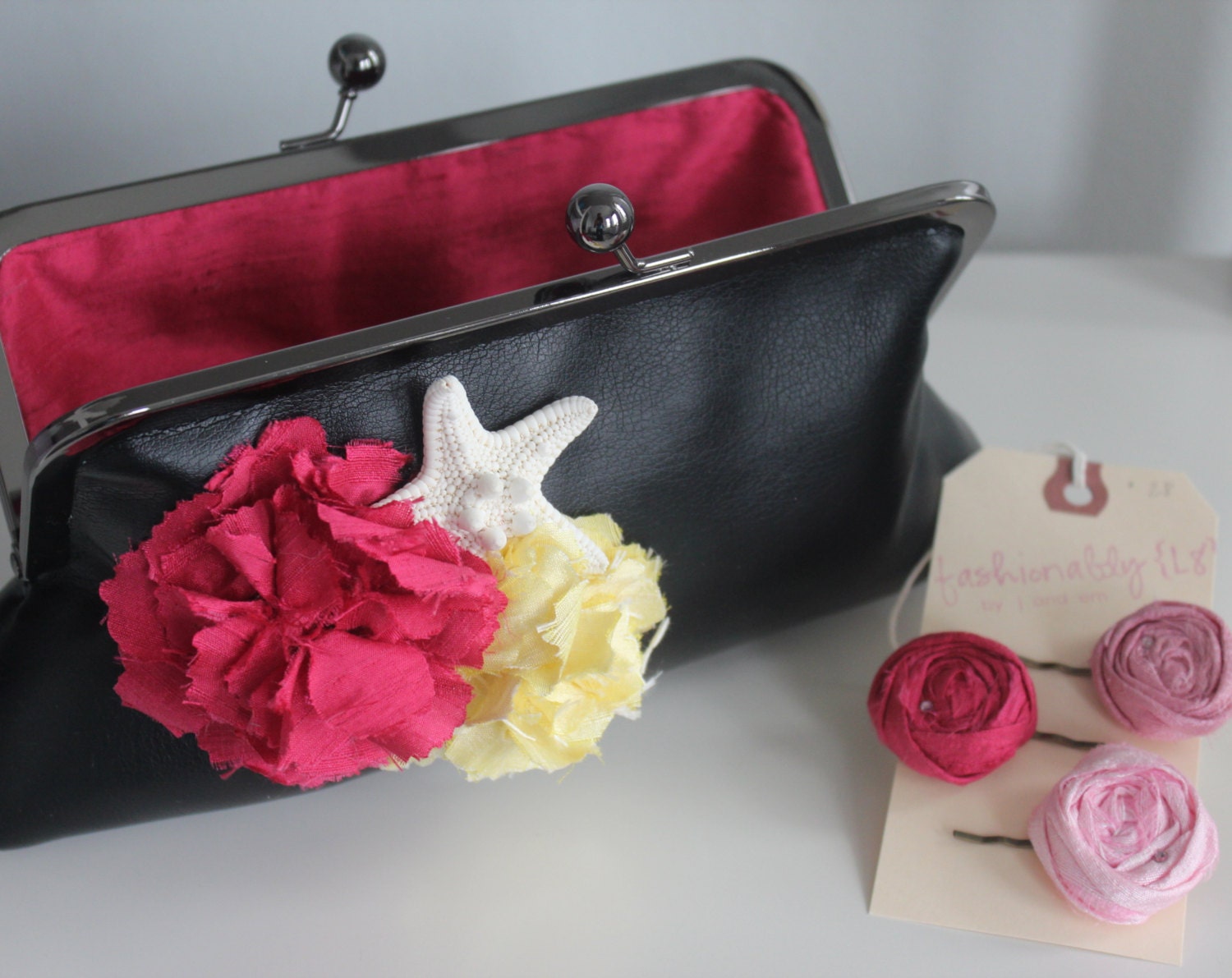 Strawberry Red and Daffodil Yellow Peony Flower Clutch with Starfish- Ready to Ship