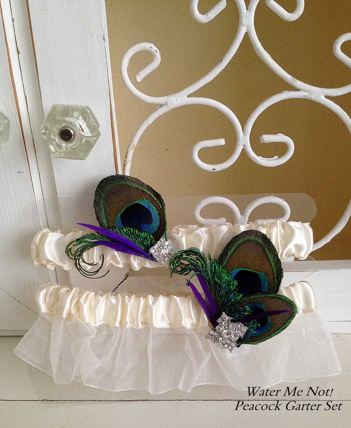Unique Peacock Feather Garter Set in Ivory/Cream-Let's customize to match your colors
