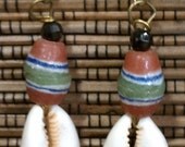 Striped Krobo & Cowrie: Earring (Hook or Clip-on)