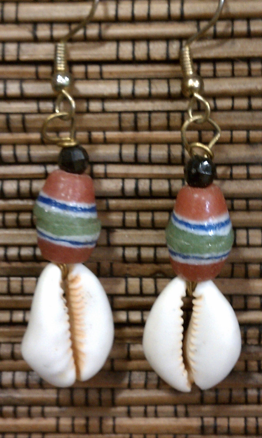 Striped Krobo & Cowrie: Earring (Hook or Clip-on)