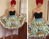 STUNNING 1950's Style Painted Mexican Cotton Circle Skirt w/ Dancing Girls Holding Baskets of Flowers - Fully Sequined - Vibrant - Size L