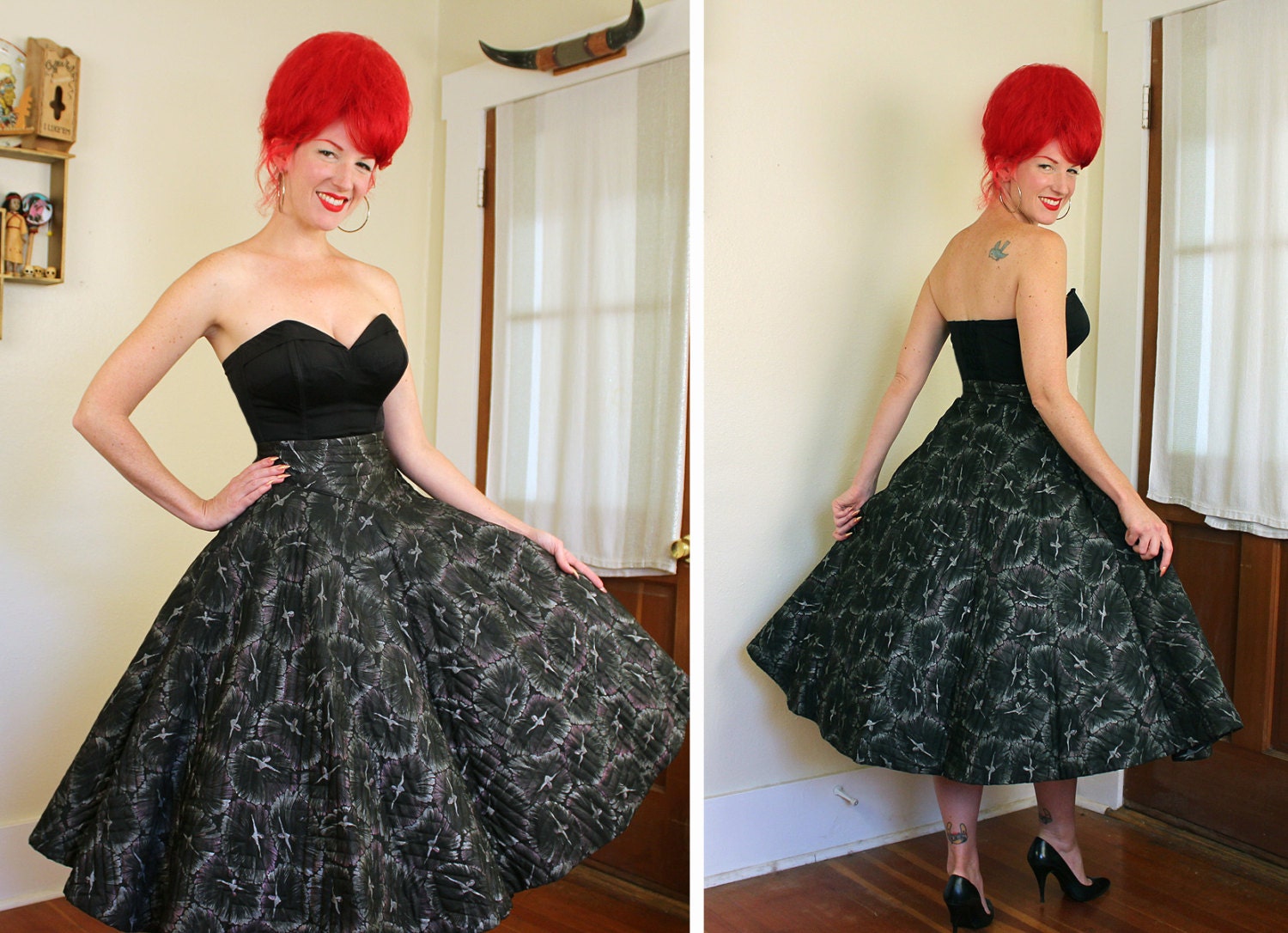 FABULOUS 1950's Inky Black Satin Lightly Quilted Iridescent Ballerina Novelty Print High Wasp Waist Circle Skirt - New Look - VLV - Size M