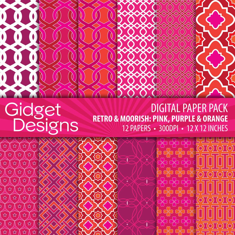 INSTANT DOWNLOAD Digital Paper Pack: Retro Patterns - Pink/Orange