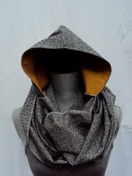 Hooded Infinity Scarf in Marled Black and Mustard