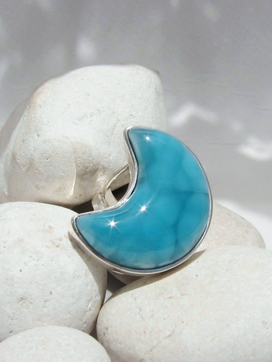 Larimar AAA ring, Blue Whale Moon - impressive turtle back deep turquoise Larimar gemstone - US 6