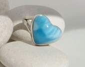 Larimar heart ring, Like a Waterfall - romantic deep turquoise Larimar stone - US 5.5