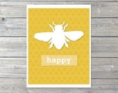 Bee Happy Digital Print - Wall Art - Mustard Yellow - Bee Hive - Bee Comb - Honeycomb - Honey - Spring Summer Decor