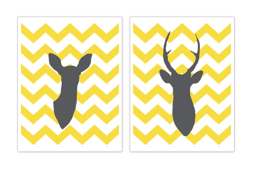 Modern Deer Antlers Digital Print Set - Yellow and Grey - Chevron - Wall Art - Woodland Wedding Gift - Home Decor - Master Bedroom Decor