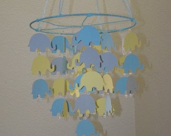 Elephant Baby Mobile Yellow Blue and Gray Can be custom to your colors Photography Prop