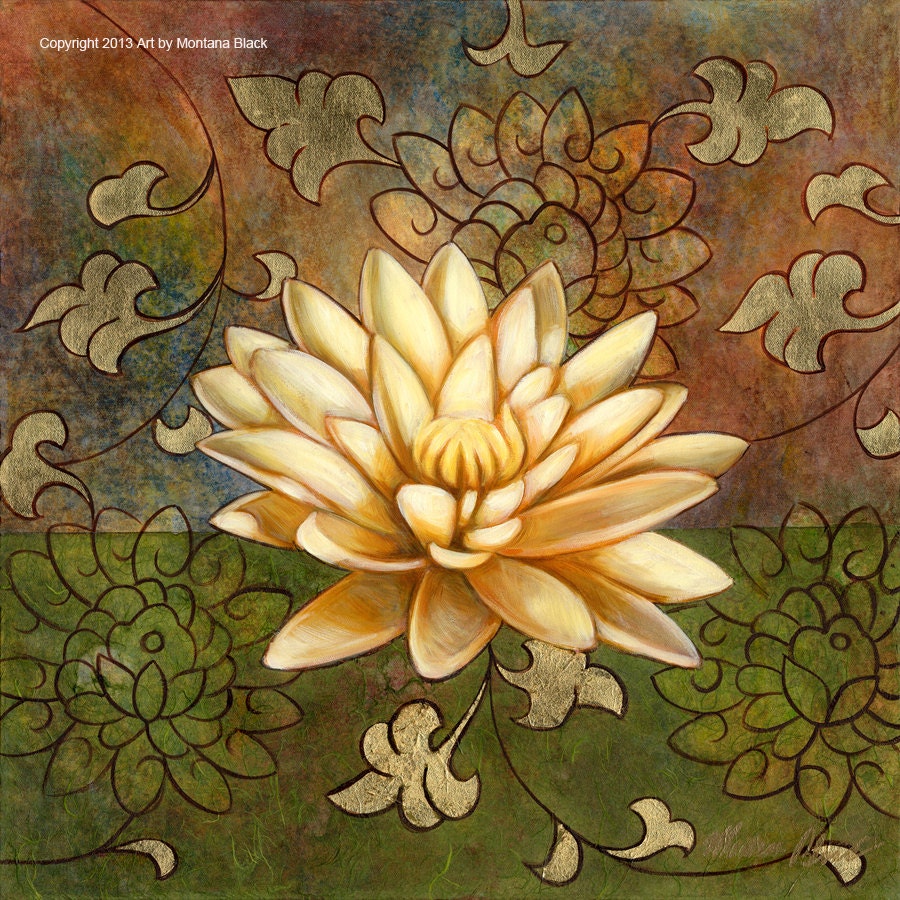 White Lotus on Green and Gold 16x20 Matted Print