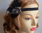 Best Seller,Flapper 2013 Black and White, Feather Fascinator,1920's style,Vintage headpiece,Rhinestone brooch,Style C021b