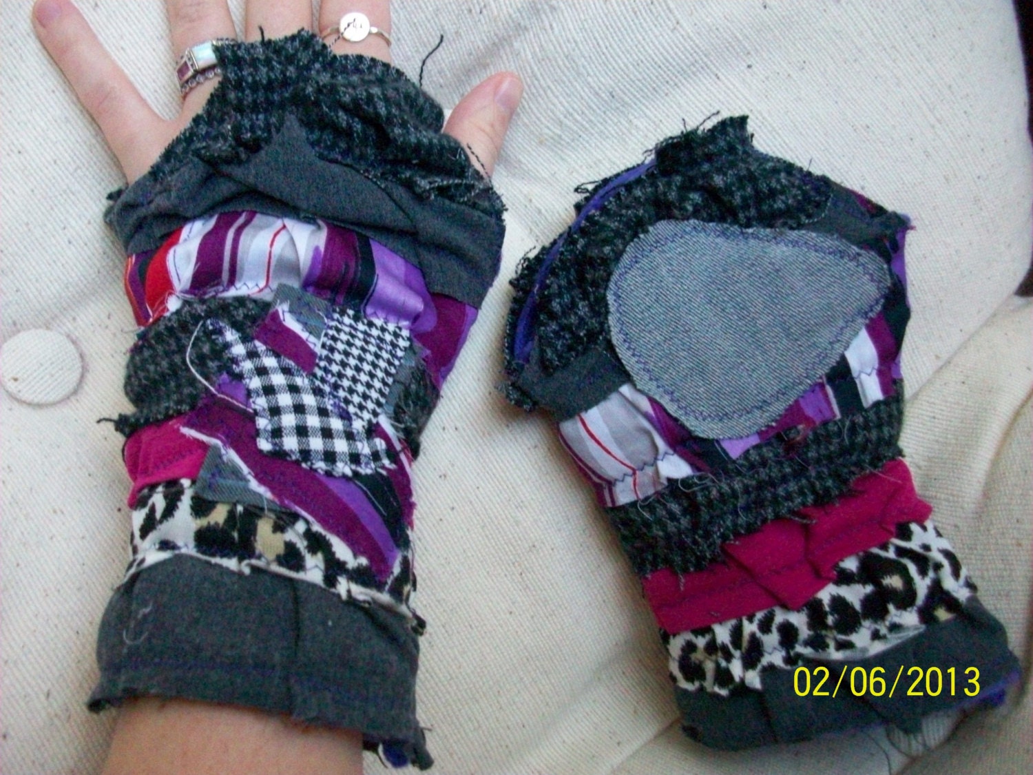 Where is Thumbkin... eco friendly patchwork layered finger and thumbless gloves by Claudia Fill