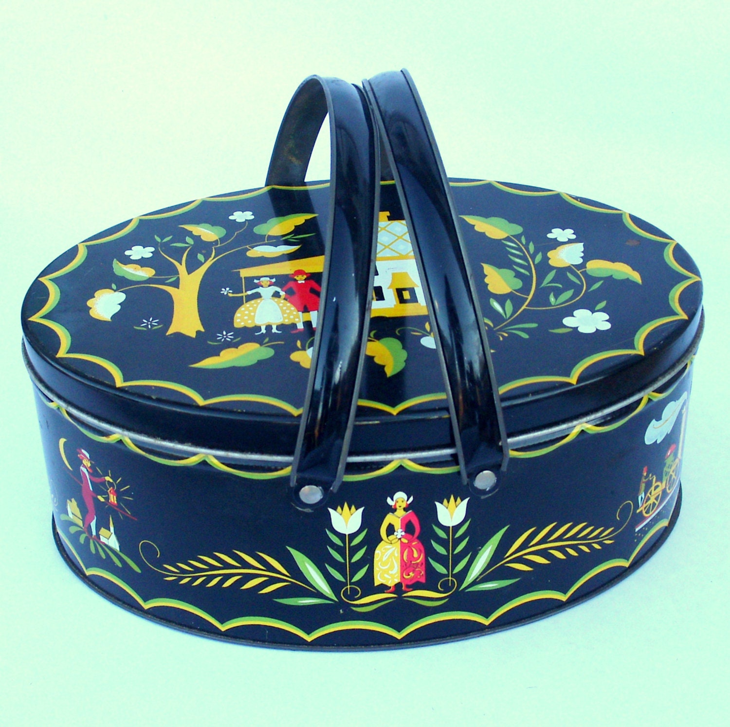 Vintage Handled Tin, biscuits or sewing storage, oval with handles, Pennsylvania Dutch theme, country rustic motif