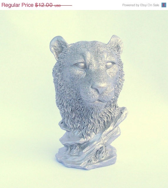 Clearance - 50% off Leopard Bust Figurine - painted in shiny silver-like metallic paint  - upcycled shabby chic - cast resin - zoo animal p