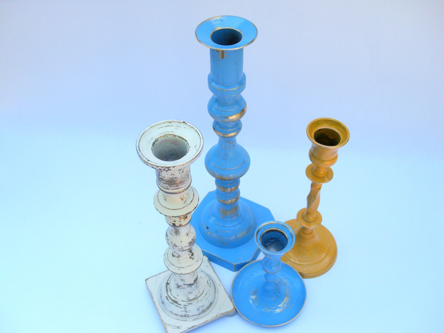 Vintage Brass Candle Holders - 4 candleholders - marigold, Mediterranean blue, antique white - upcycled shabby cottage chic