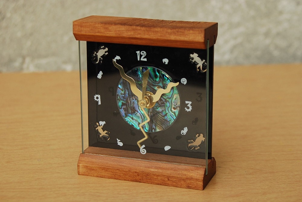 Memphis Design Desk Clock, Wood, Glass and Paua Shell Face