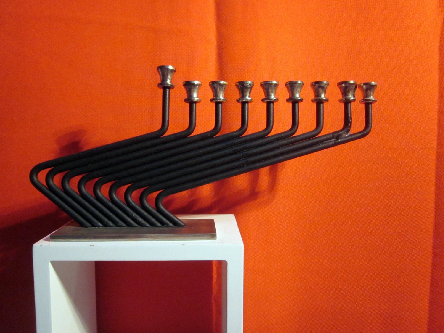 KARSHI modernist Menorah 24 K Gold Silver Plated metal iron candle holder Jewish Judaica cHANUKAH