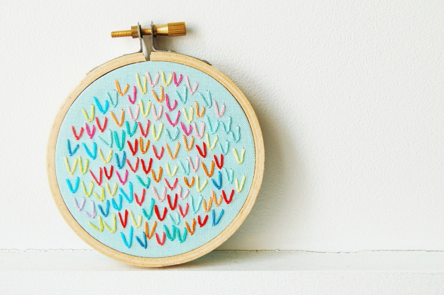 Small Scale Fiber Art. Colorful Hand Embroidered Abstract Hoop with Easel. by merriweather council
