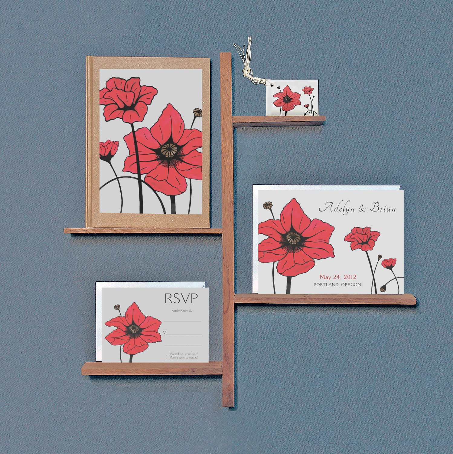 Ruby Red Poppy Flowers Save The Date Invitation and RSVP Cards From Original Artwork