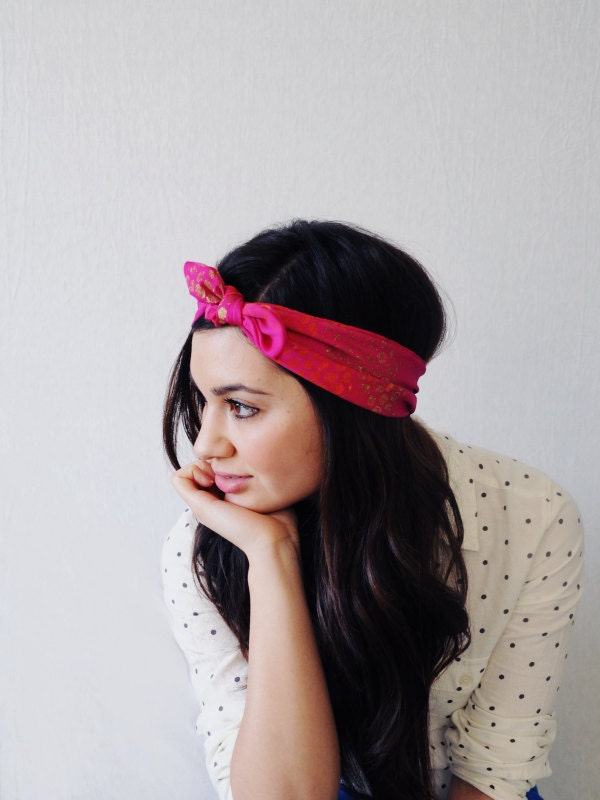 Fuchsia spots hand painted silk headband scarf wrap