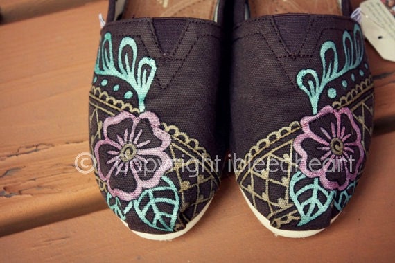 Womens - Floral Lace Brown Henna Custom Painted TOMS Shoes