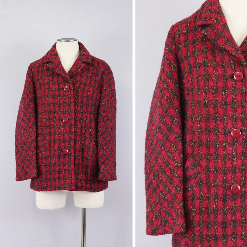 Vintage 1960s Donegal Tweed Car Coat, Magenta Hot Pink Boxy Wool Jacket Ireland