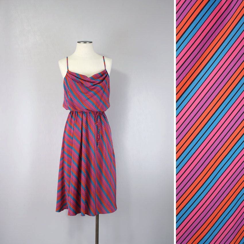 Vintage 1970s Dress Sundress Bright Boho Rainbow Striped Summer Dress