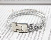 Silver braid leather cuff bracelet, silver bracelet TS124