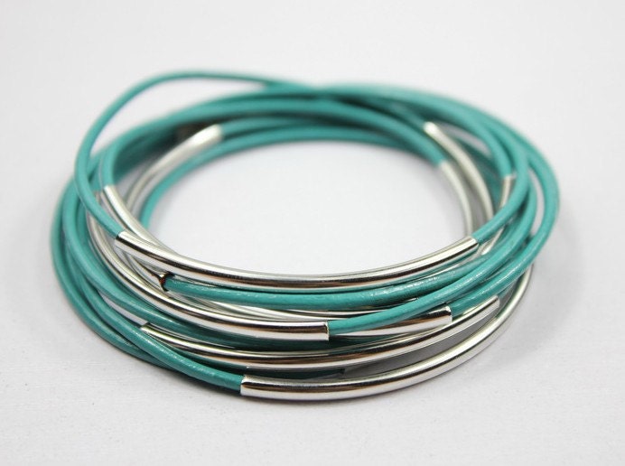 Peacock Leather Bracelet Beaded Silver Pipes, Wrap Bracelet z591