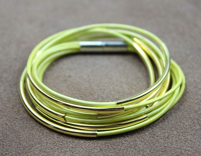 Neon Yellow Leather Bracelet Beaded Gold Tubes Z589
