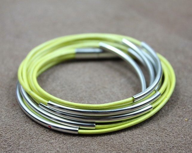 Neon Yellow Bracelet Beaded Silver Plated Curved Tubes By Magnetic Clasp Z590