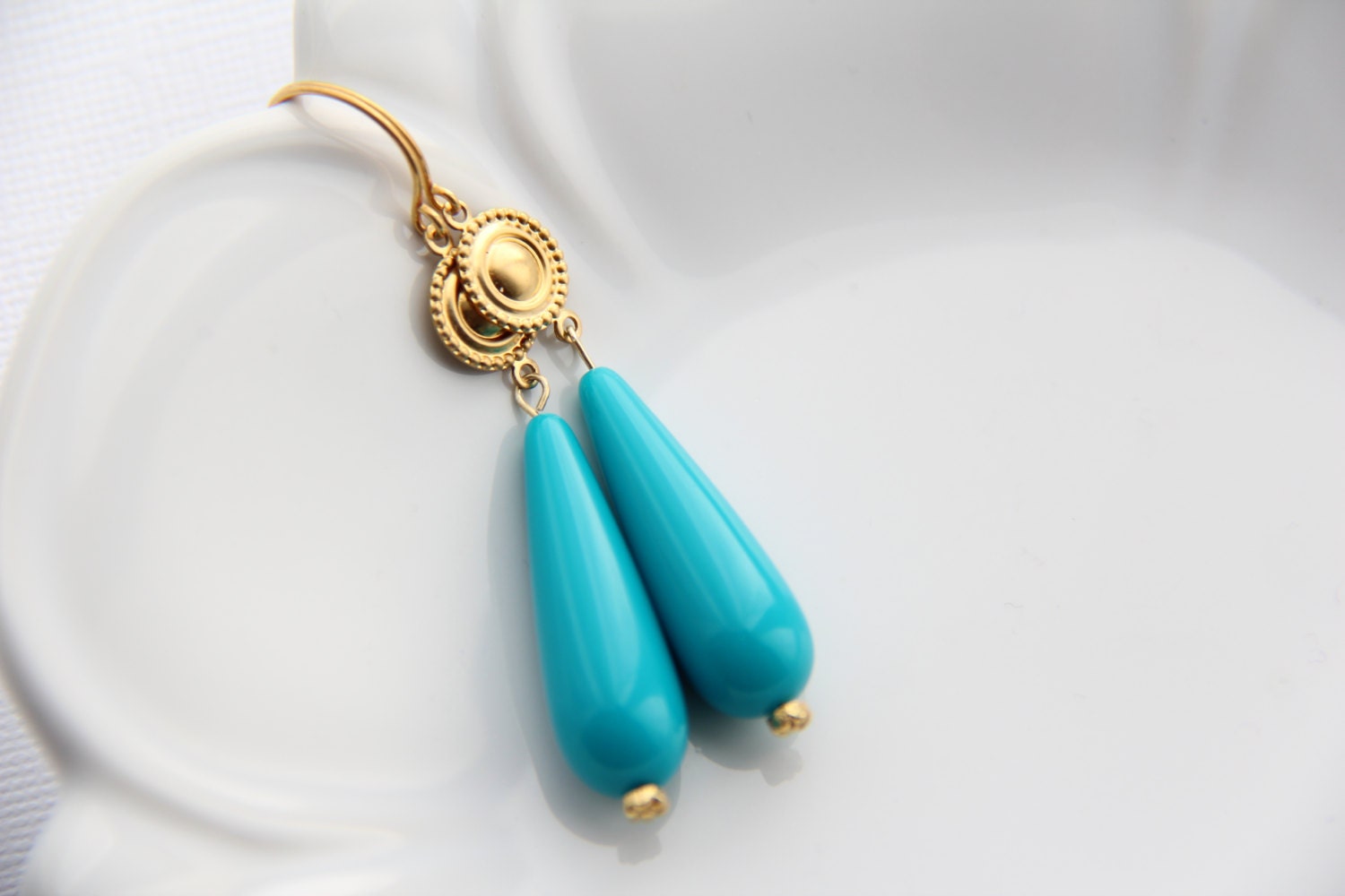 Turquoise blue dangle earrings aqua blue gold drop dangle earrings