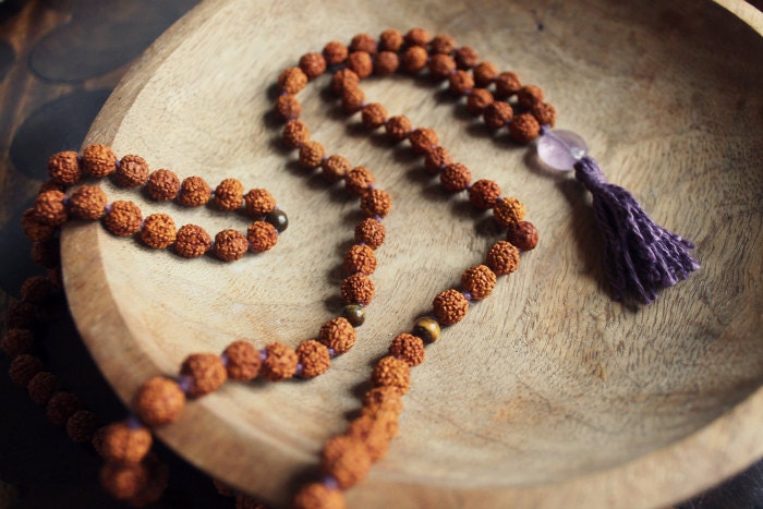 Hand Strung Tigers Eye And Amethyst Mantra Mala Beads for Meditation And Clear Thinking