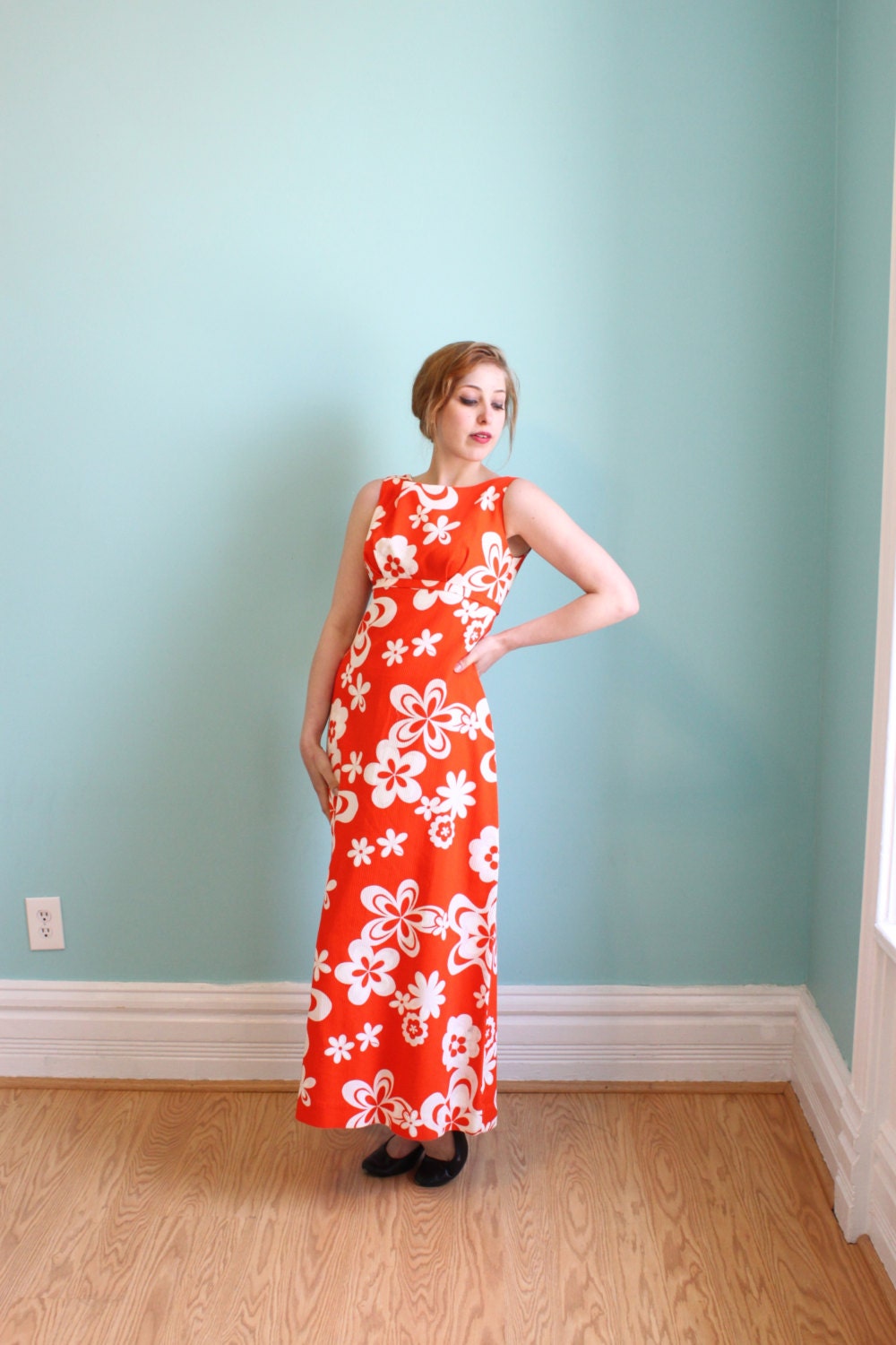 Hawaiian Dress Gown 1970s 70s Orange Maxi M Medium S Small Floral Empire Waist Sleeveless