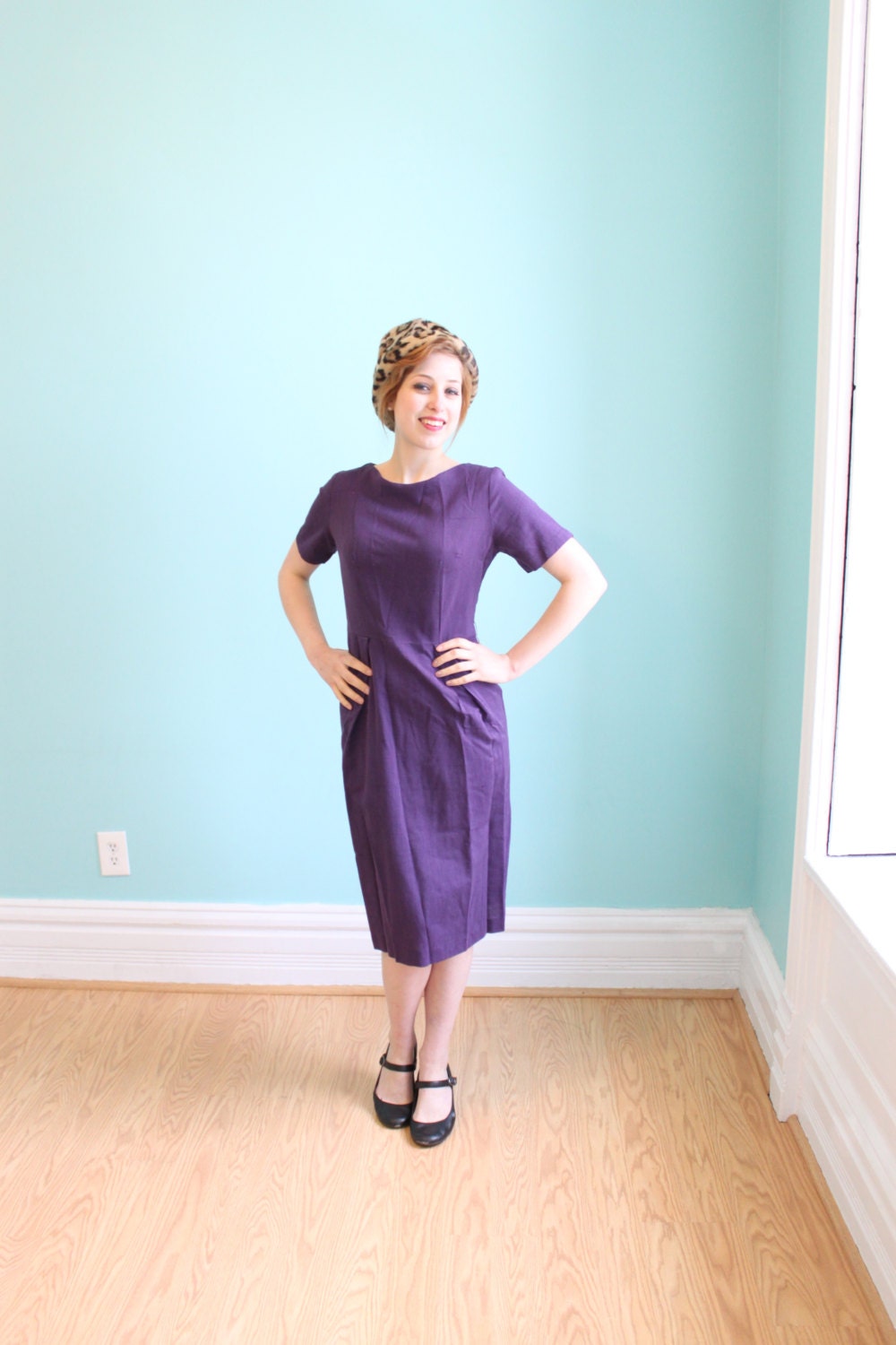 Dress 1950s Vintage 50s Purple  Rockabilly Sheath Mad Men Dress M Medium Plum