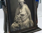 10% Off (cupon code marchmadness1) Magnificent Antique Wedding Photograph and Frame Detailed Wedding Dress/Flowers and Viel