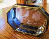 10%off use code (marchmadness1) Sweet Octogonal Glass Brass Colbalt Blue Jewelry/Trinket Box Glass Clear Etched Bird Design