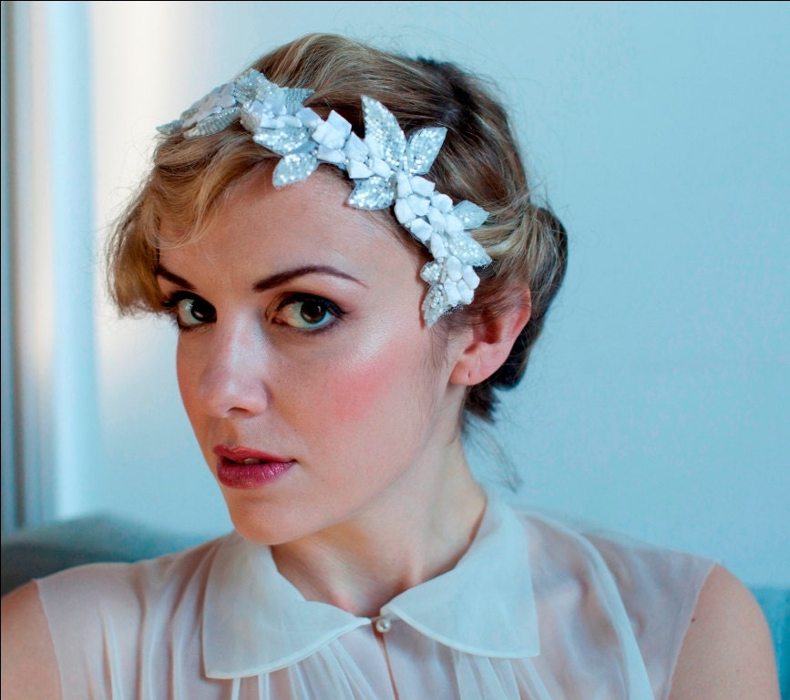 Bridal Hair Vine Accessory.Beaded Leaves and flowers,Romantic.1930s wedding dress.