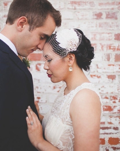 Bridal Headpiece with ivory velvet leaves and birdcage veil, 1930s style headpiece,Old Hollywood glamour.