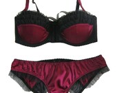 GEORGIE Merlot Red silk Satin padded Bra and Ouvert Knicker SET.