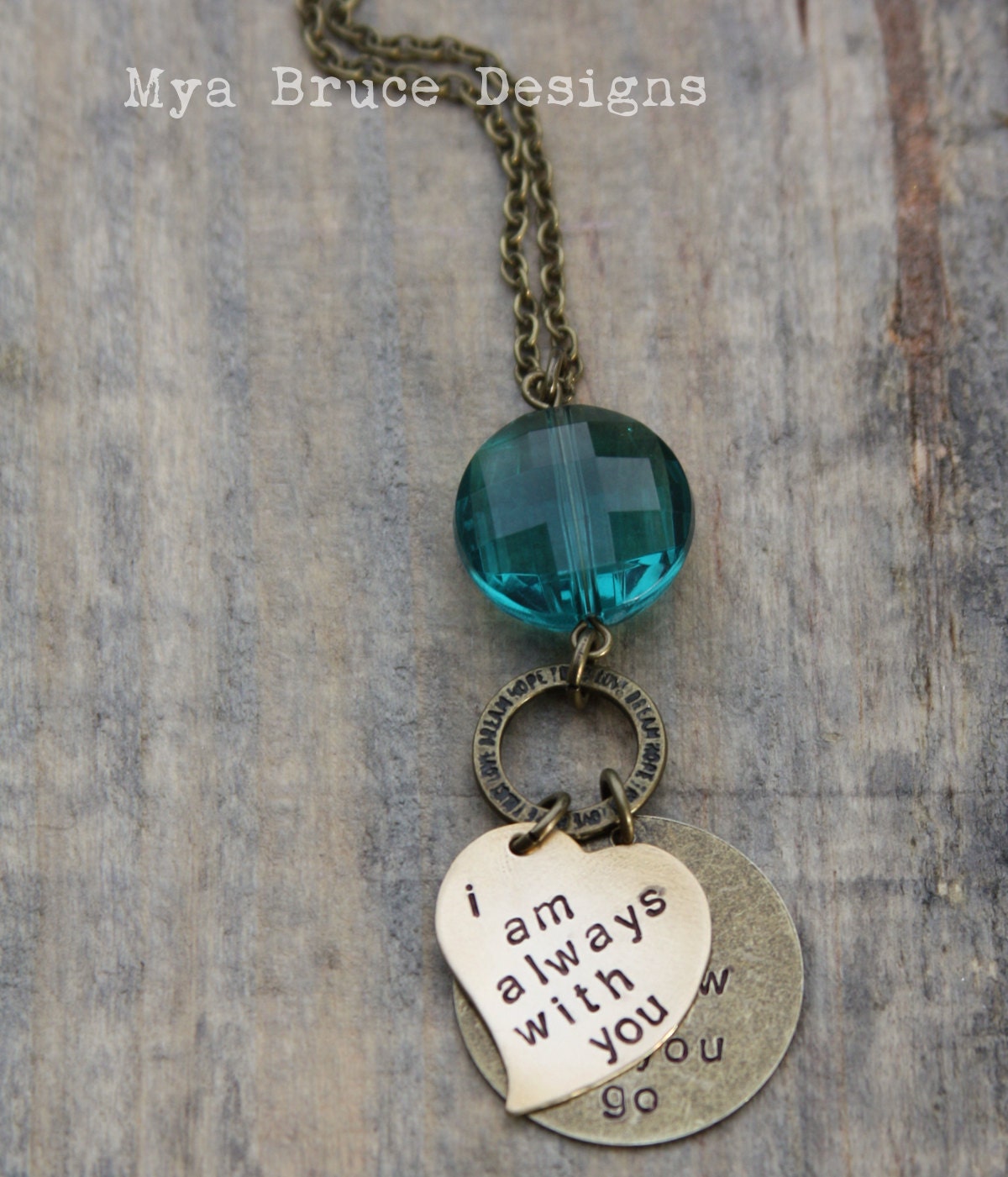antique gold colored design with large teal crystal - i will always be with you, no matter how far you go