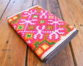 NZFINCH womens brown leather Passport Wallet, vintage hmong fabric, colourful, cross stitch, traveller wallet