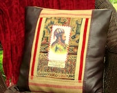 Handmade Rustic 18" Pillow Cover with Image of Antique Cigarette Card Applique on Upholstery Fabric, Linen, Burlap and Faux Leather