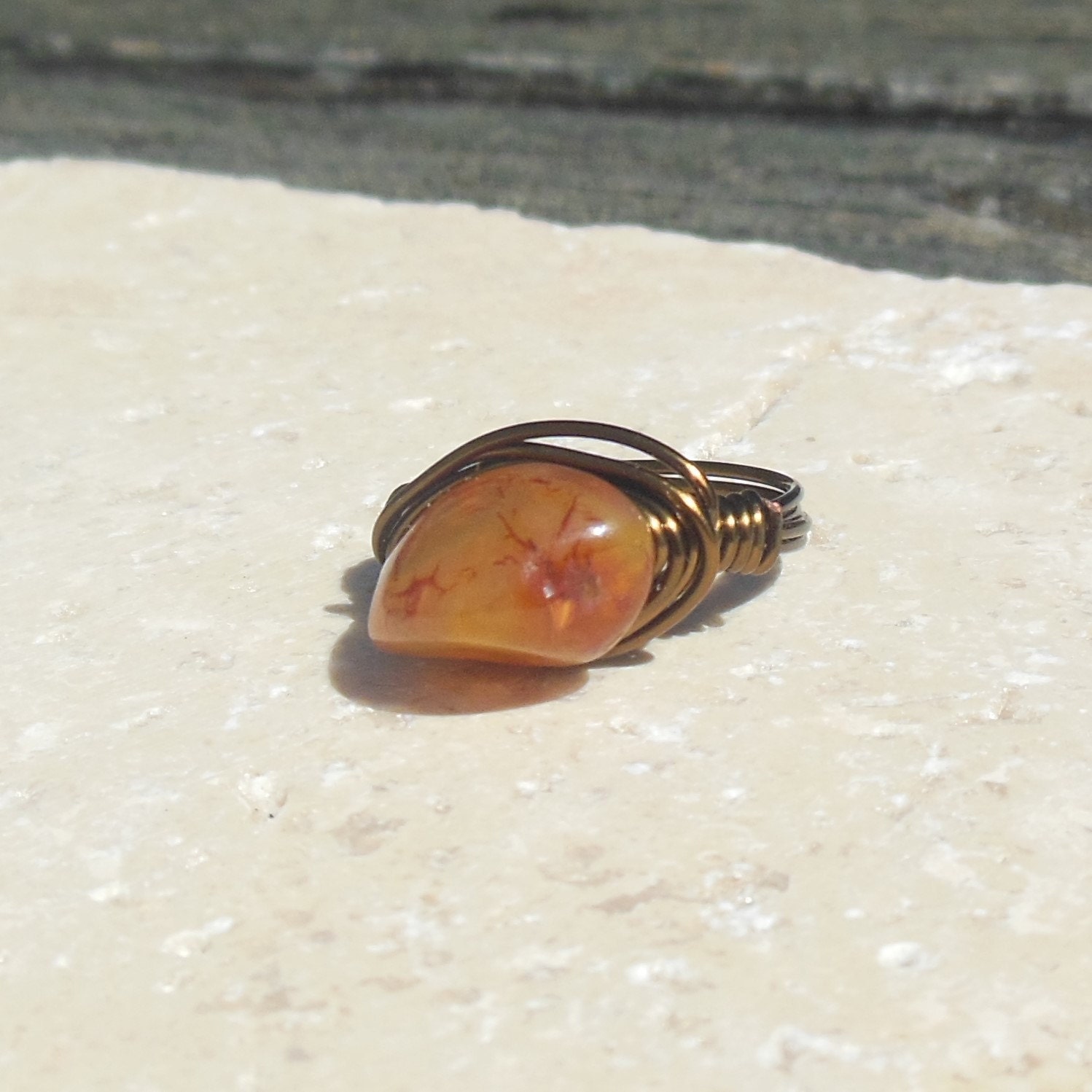 One with Nature Ring - coral agate - antique wire - size 6 1/4 - 6 1/2