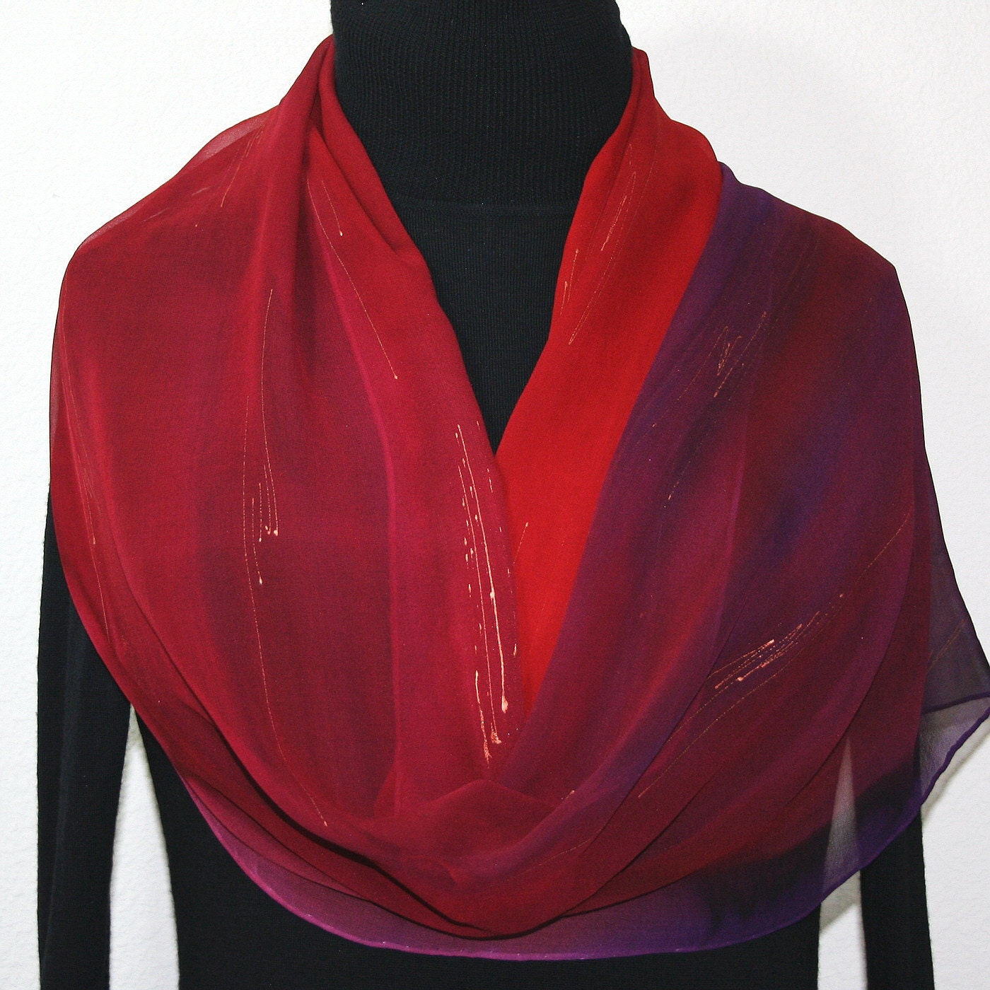Hand Painted Silk Scarf Strawberry Fields. Scarf in Red and Purple. Size LARGE 14x70. Silk Scarves Colorado. 100% silk. MADE to ORDER.