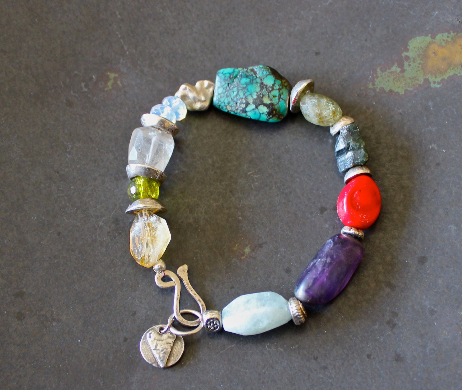 Fine Silver and precious stone chakra Bracelet