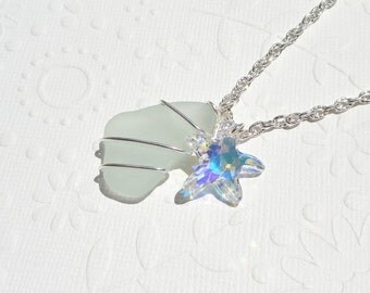 Light Seafoam Green Wire Wrapped Sea Glass Necklace with Starfish Swarovski Crystal