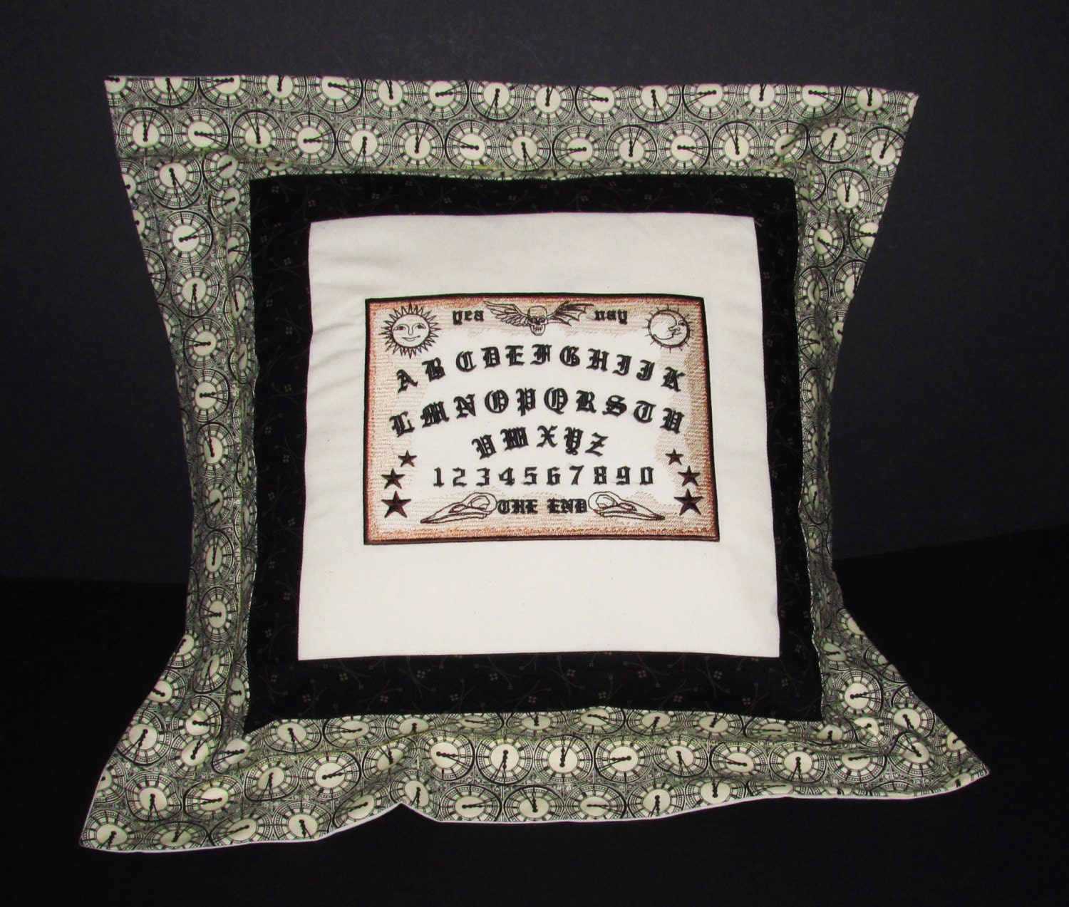 Ouija Board  Occult Mysteries Steampunk Mystique Throw Pillow with Clock print Borders 24" Square